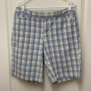 Dockers Ideal Fit Metro Bermuda Plaid Blue White Yellow Womens Shorts Size 14